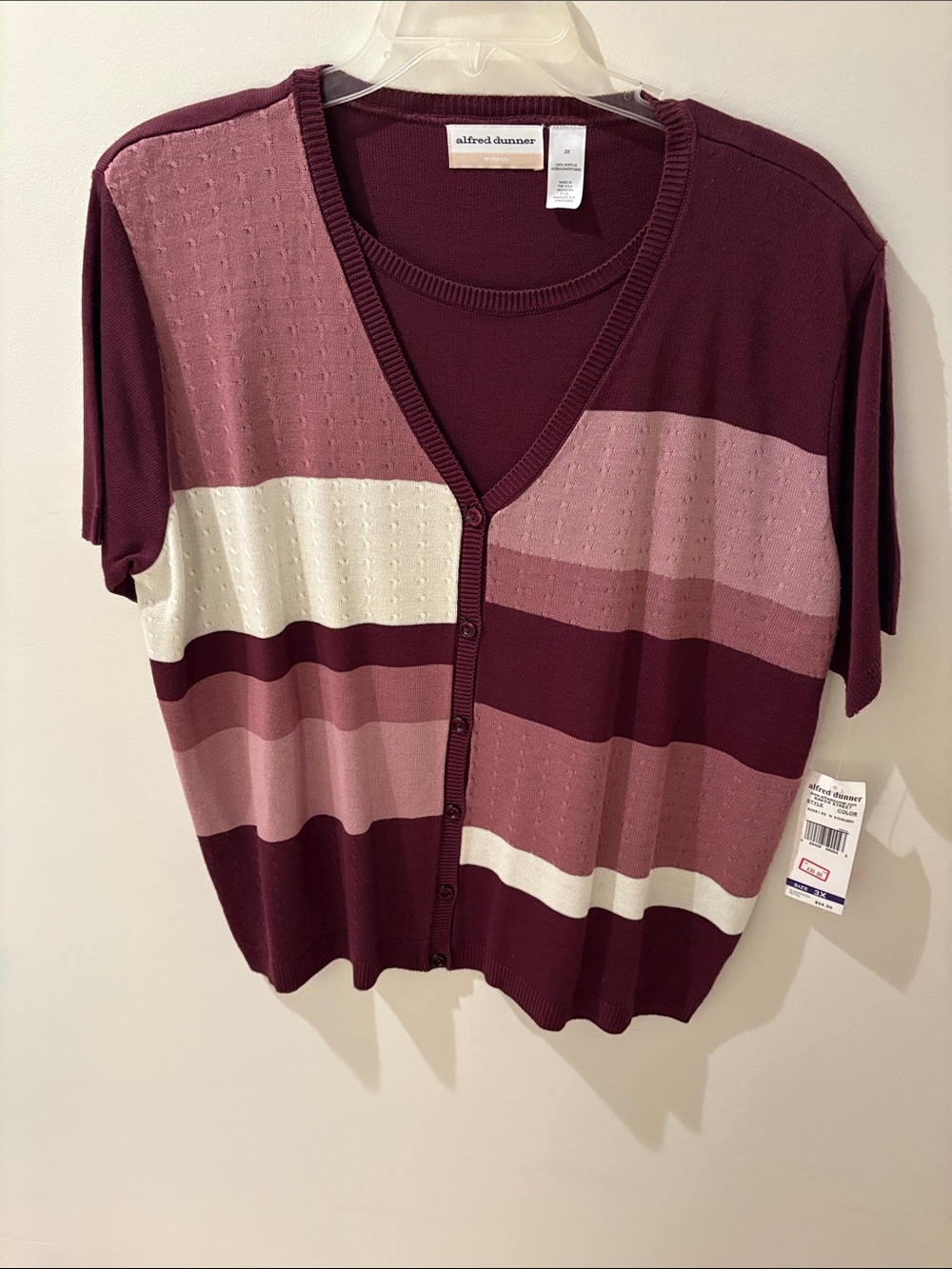 Alfred Dunner Burgundy, Pink & Cream Striped Short-Sleeve Button Cardigan